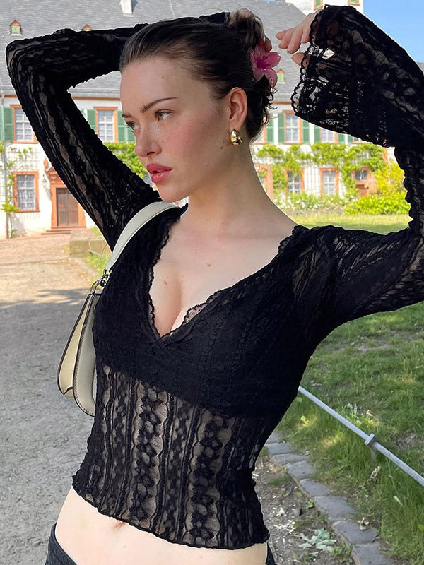 Deep V Scalloped Sheer Lace Flare Sleeve Slim Crop See Through Blouse