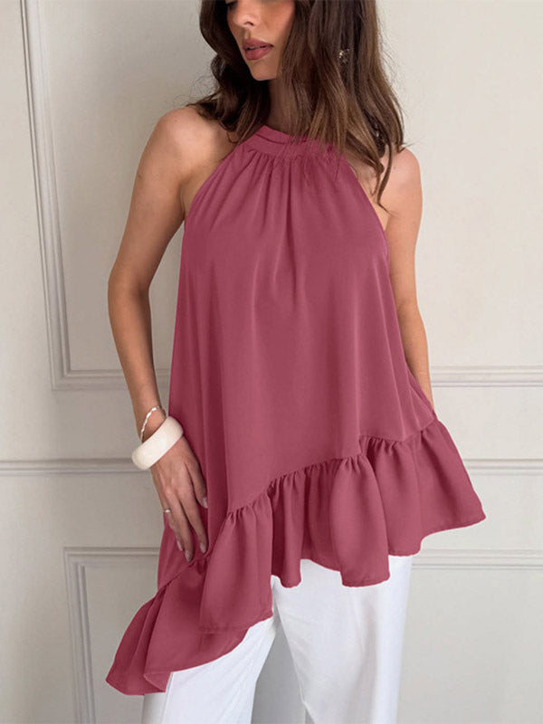 Dusty Pink Gathered Halter Tank Top Irregular Uneven Ruffle Hem Flowy Summer Blouse