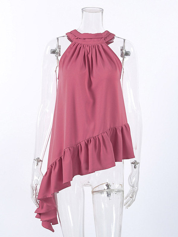 Dusty Pink Gathered Halter Tank Top Irregular Uneven Ruffle Hem Flowy Summer Blouse