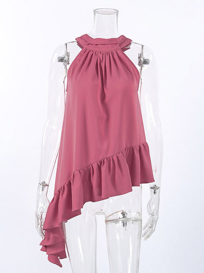Dusty Pink Gathered Halter Tank Top Irregular Uneven Ruffle Hem Flowy Summer Blouse