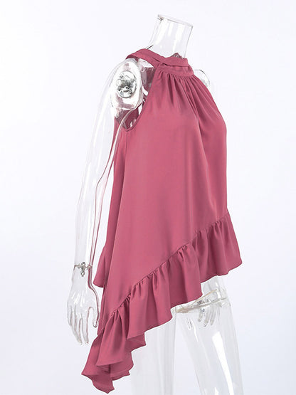 Dusty Pink Gathered Halter Tank Top Irregular Uneven Ruffle Hem Flowy Summer Blouse