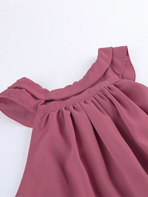 Dusty Pink Gathered Halter Tank Top Irregular Uneven Ruffle Hem Flowy Summer Blouse