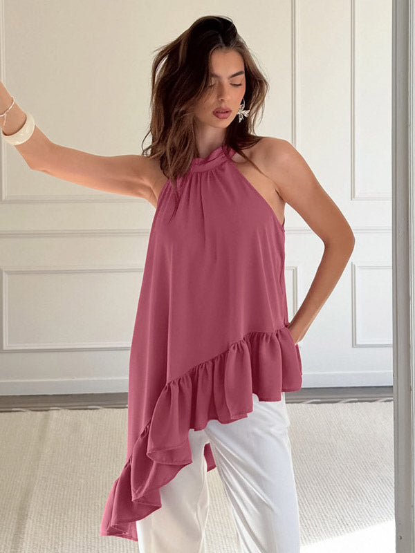 Dusty Pink Gathered Halter Tank Top Irregular Uneven Ruffle Hem Flowy Summer Blouse