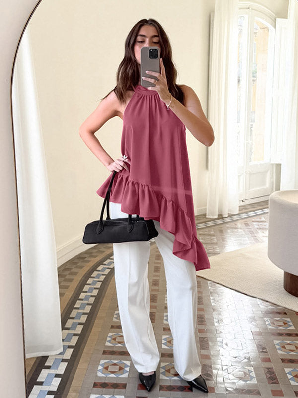Dusty Pink Gathered Halter Tank Top Irregular Uneven Ruffle Hem Flowy Summer Blouse