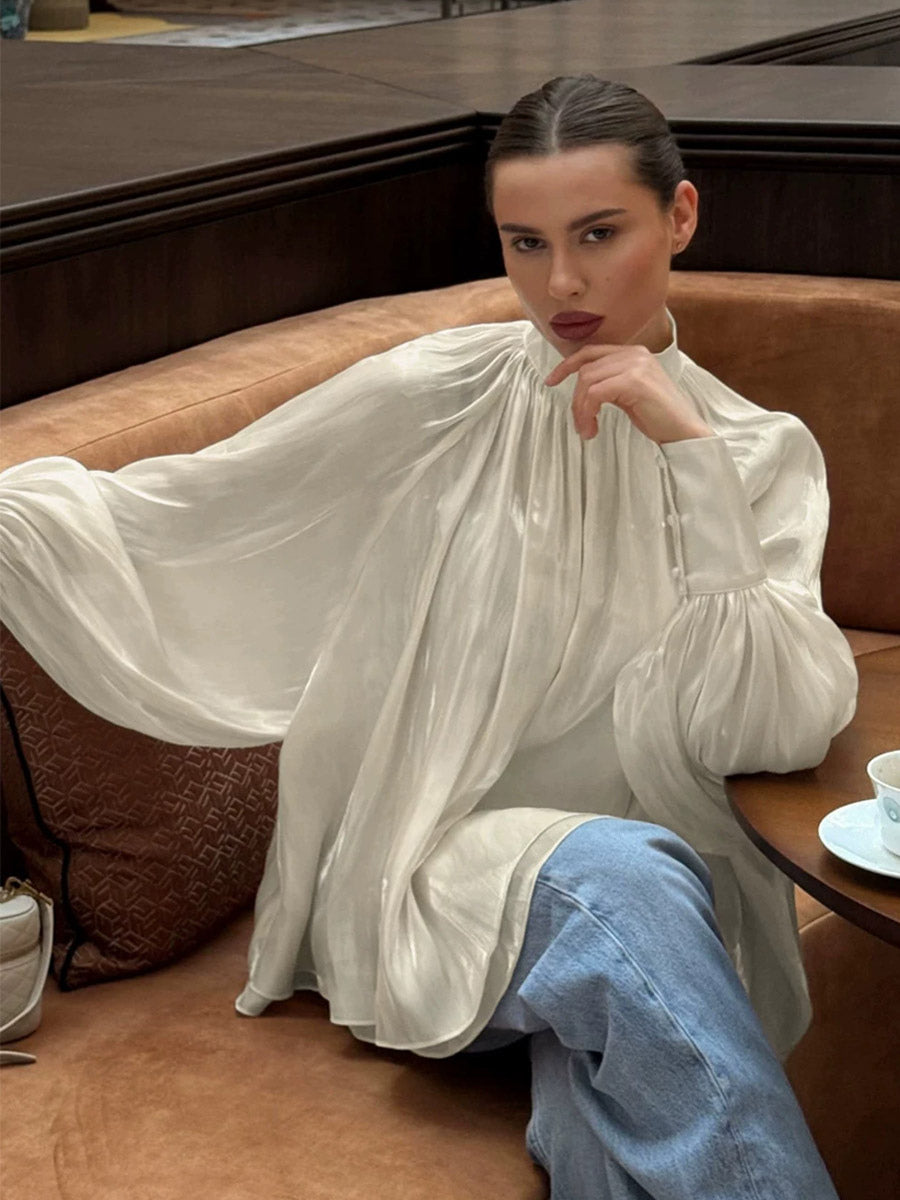Cream Glossy Satin Mock Neck Gathered Top Balloon Sleeve Pearl Cuff Oversized Blouse