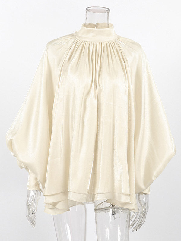 Cream Glossy Satin Mock Neck Gathered Top Balloon Sleeve Pearl Cuff Oversized Blouse