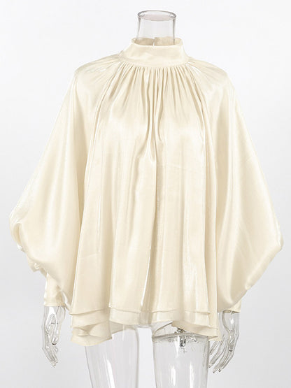 Cream Glossy Satin Mock Neck Gathered Top Balloon Sleeve Pearl Cuff Oversized Blouse