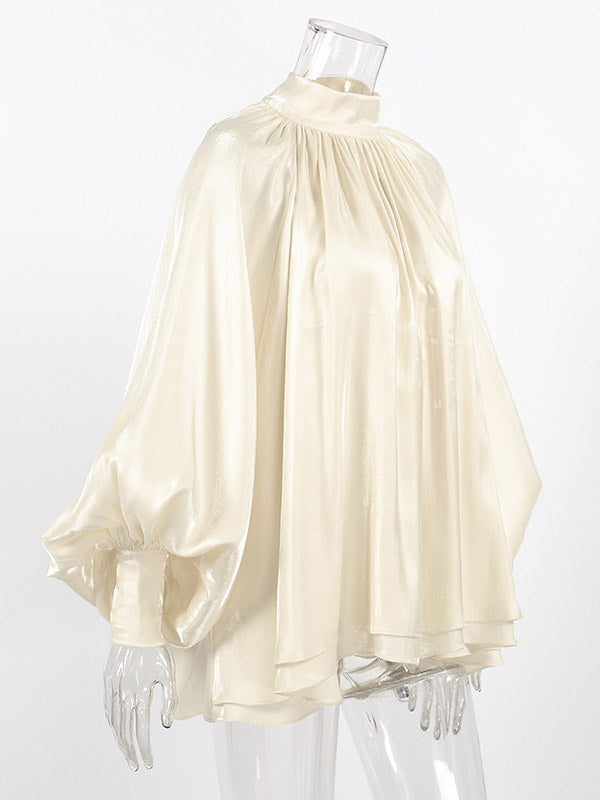 Cream Glossy Satin Mock Neck Gathered Top Balloon Sleeve Pearl Cuff Oversized Blouse