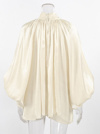Cream Glossy Satin Mock Neck Gathered Top Balloon Sleeve Pearl Cuff Oversized Blouse