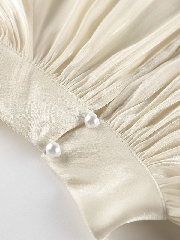 Cream Glossy Satin Mock Neck Gathered Top Balloon Sleeve Pearl Cuff Oversized Blouse