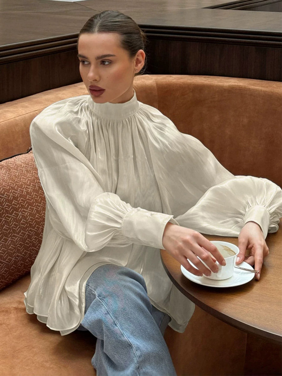 Cream Glossy Satin Mock Neck Gathered Top Balloon Sleeve Pearl Cuff Oversized Blouse