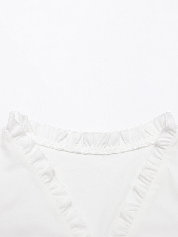 Cream White Ruched Bust Ruffle Edge Puff Sleeve Wrap Front Cropped Summer Top