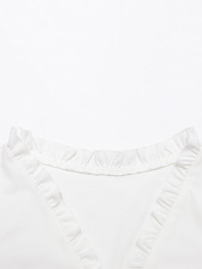 Cream White Ruched Bust Ruffle Edge Puff Sleeve Wrap Front Cropped Summer Top