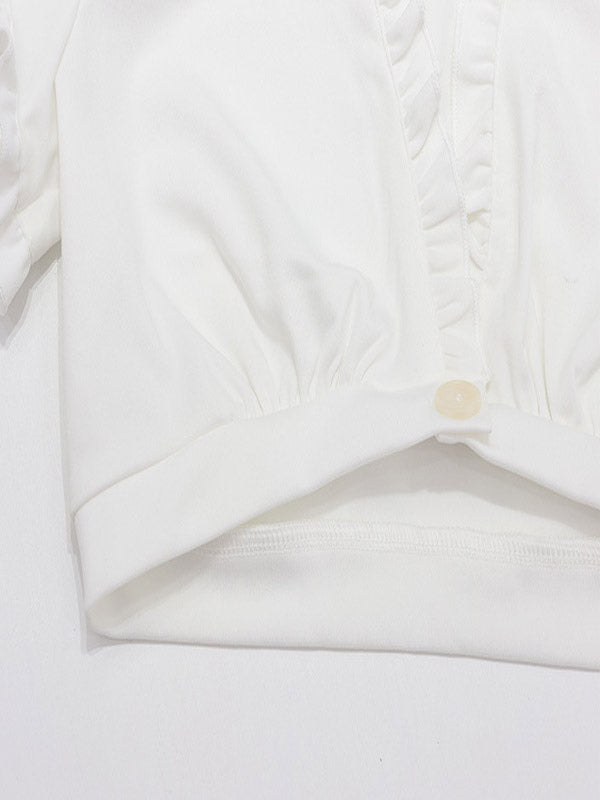 Cream White Ruched Bust Ruffle Edge Puff Sleeve Wrap Front Cropped Summer Top