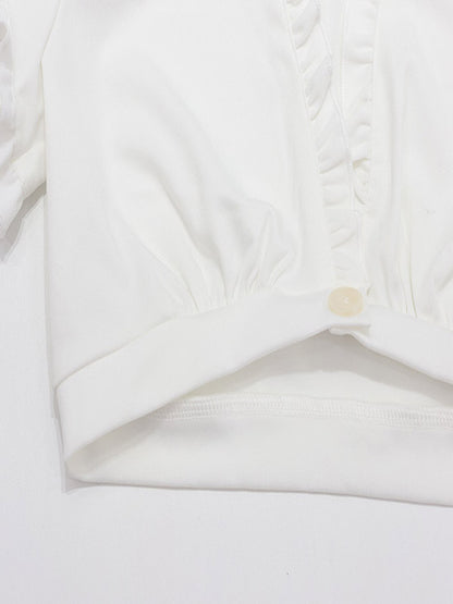 Cream White Ruched Bust Ruffle Edge Puff Sleeve Wrap Front Cropped Summer Top