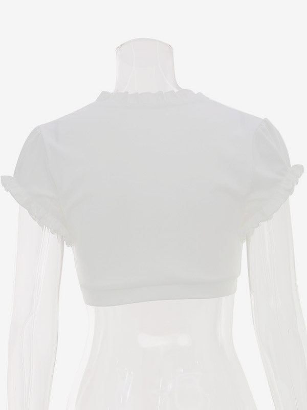 Cream White Ruched Bust Ruffle Edge Puff Sleeve Wrap Front Cropped Summer Top