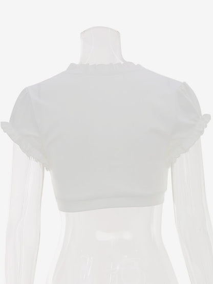 Cream White Ruched Bust Ruffle Edge Puff Sleeve Wrap Front Cropped Summer Top