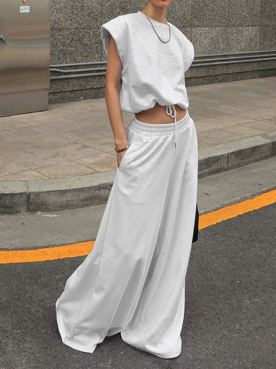 Heather Gray Oversized Cut Off Sleeve Top Elastic Waist Wide Leg Pant Lounge Set
