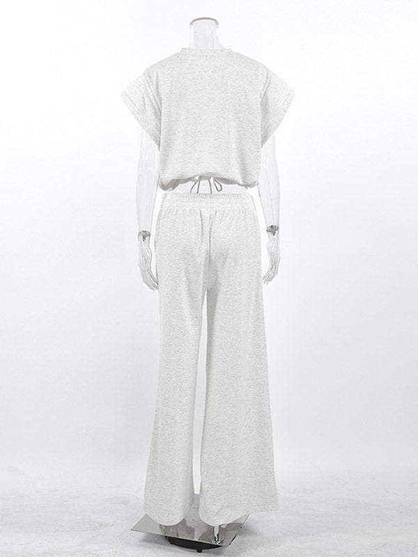 Heather Gray Oversized Cut Off Sleeve Top Elastic Waist Wide Leg Pant Lounge Set