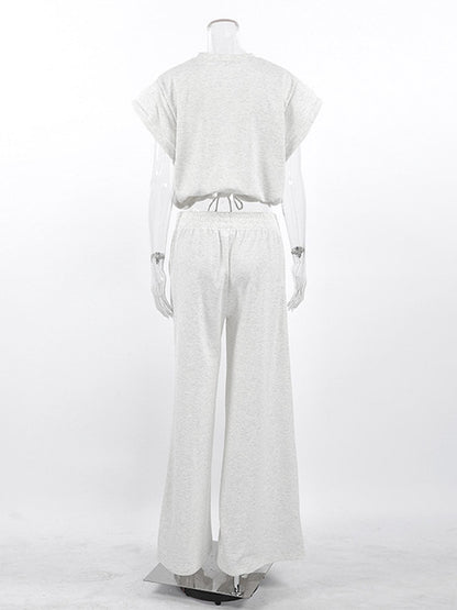 Heather Gray Oversized Cut Off Sleeve Top Elastic Waist Wide Leg Pant Lounge Set
