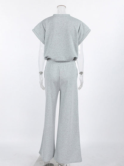 Heather Gray Oversized Cut Off Sleeve Top Elastic Waist Wide Leg Pant Lounge Set