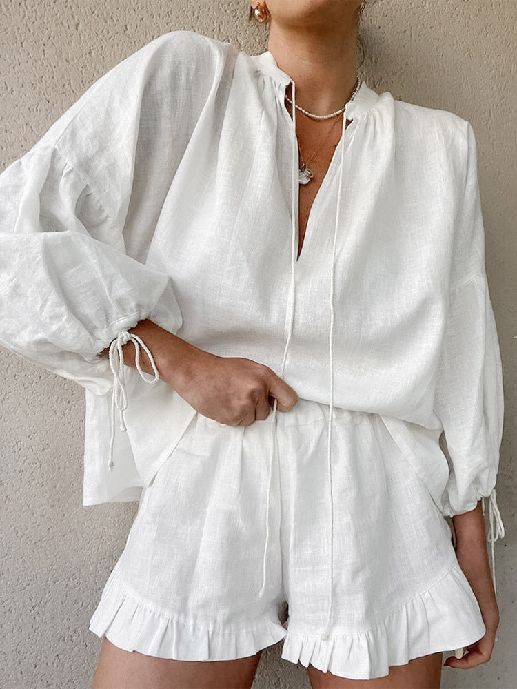 Pastel Pink Blue White Oversized Linen Shirt Elastic Waist Ruffle Shorts Set