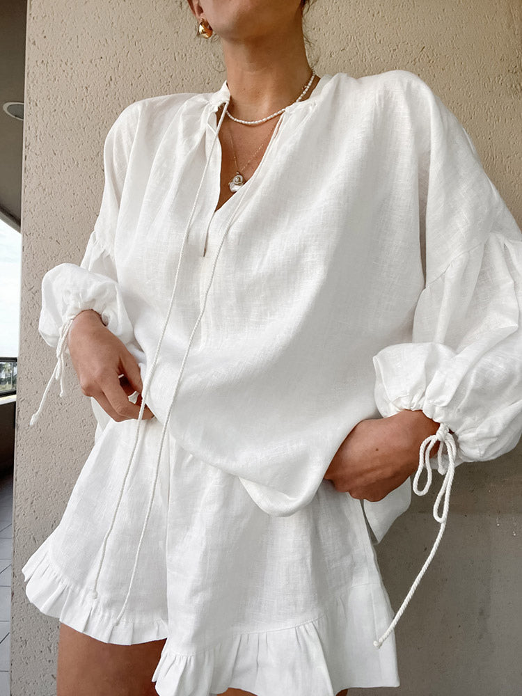 Pastel Pink Blue White Oversized Linen Shirt Elastic Waist Ruffle Shorts Set
