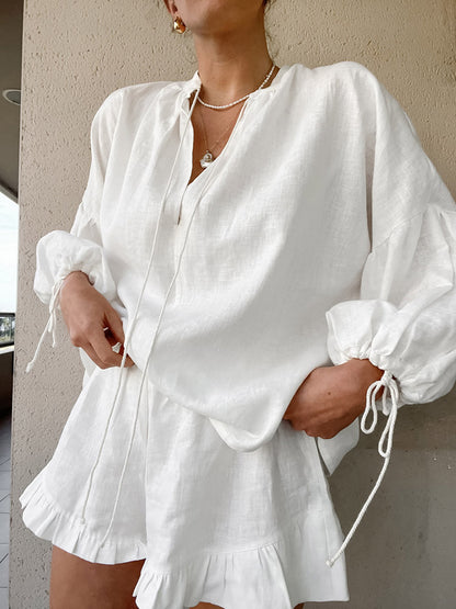 Pastel Pink Blue White Oversized Linen Shirt Elastic Waist Ruffle Shorts Set