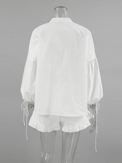Pastel Pink Blue White Oversized Linen Shirt Elastic Waist Ruffle Shorts Set