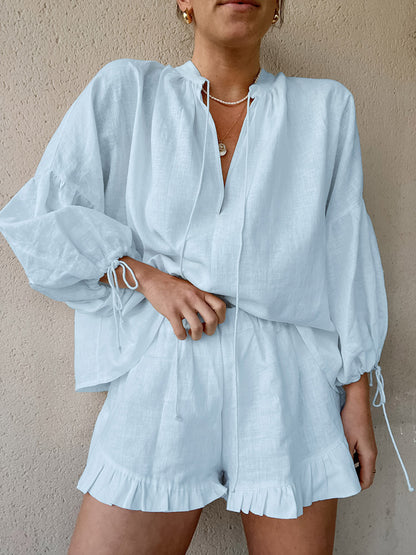 Pastel Pink Blue White Oversized Linen Shirt Elastic Waist Ruffle Shorts Set