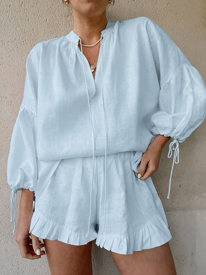 Pastel Pink Blue White Oversized Linen Shirt Elastic Waist Ruffle Shorts Set