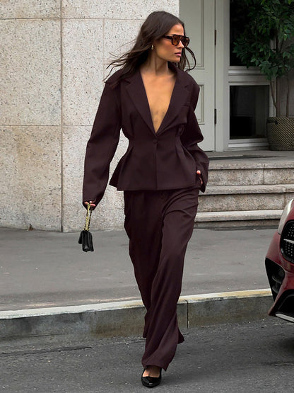 Women Peplum Blazer Wide Leg Pants 2 Piece Set Deep Brown Office Business Suit