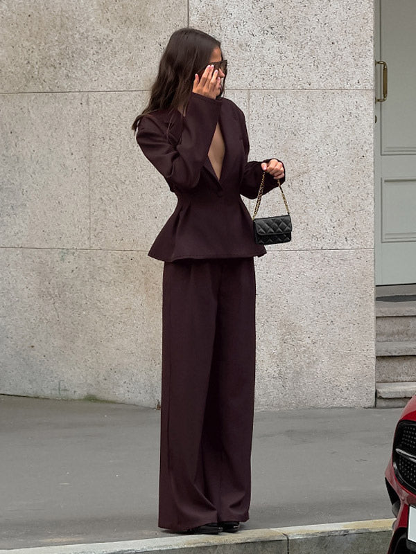 Women Peplum Blazer Wide Leg Pants 2 Piece Set Deep Brown Office Business Suit
