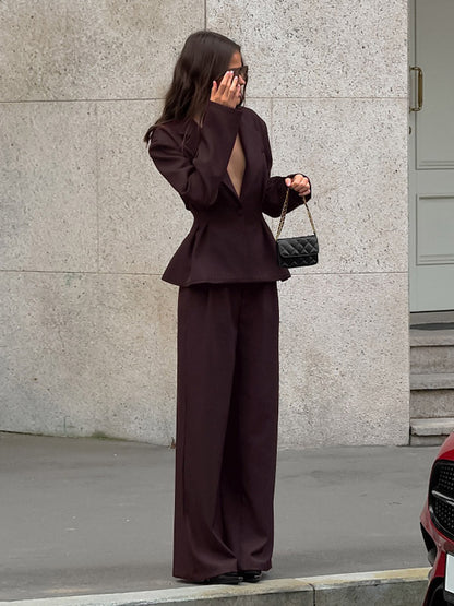 Women Peplum Blazer Wide Leg Pants 2 Piece Set Deep Brown Office Business Suit
