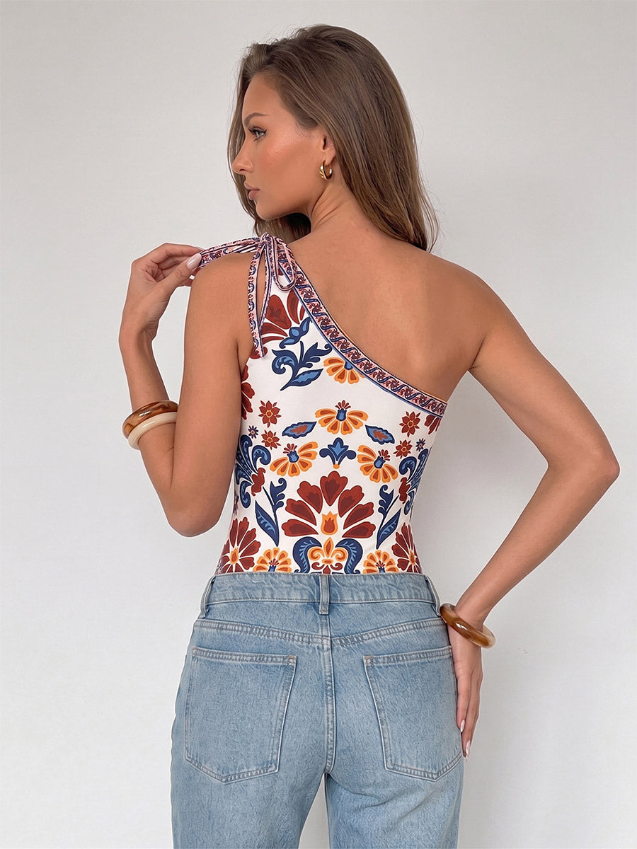 Sleeveless Bodysuit Burgundy Lace Up Backless Asymmetrical One-Shoulder Bohemian Printed Women Top