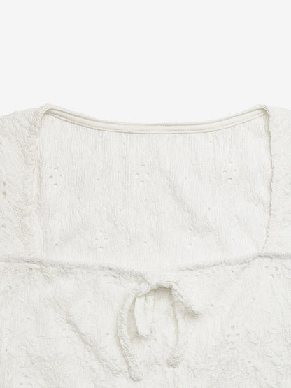 Short Sleeves Tees Ecru White Bows Square Neck Tee Shirt For Women