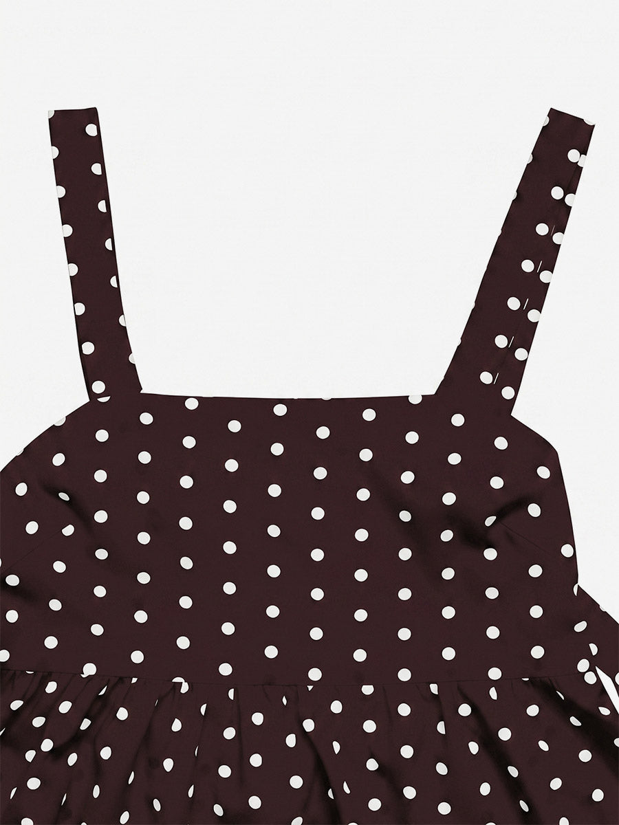 Deep Brown Cami Top Straps Neck Lace Up Chic Polka Dot Women Camis