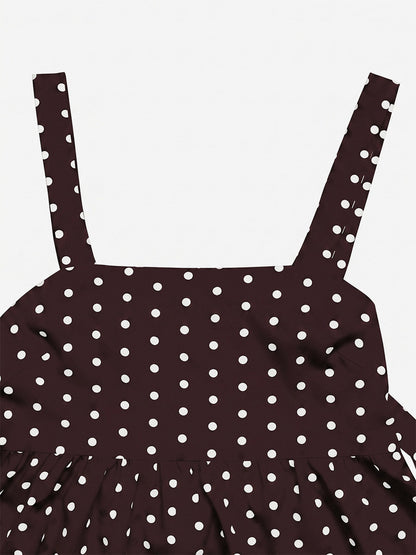Deep Brown Cami Top Straps Neck Lace Up Chic Polka Dot Women Camis