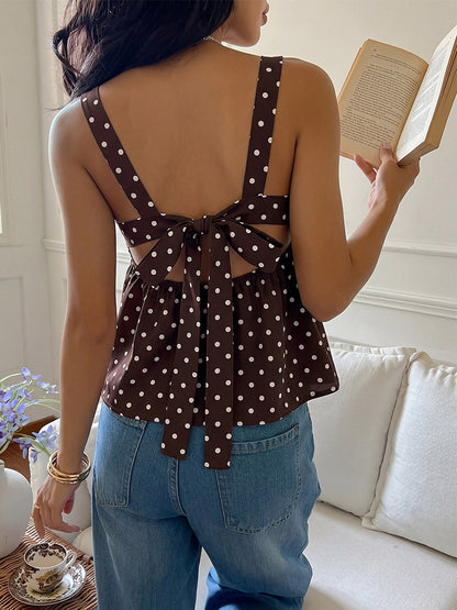 Deep Brown Cami Top Straps Neck Lace Up Chic Polka Dot Women Camis