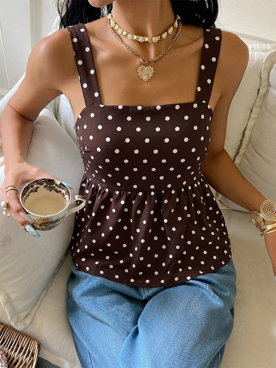Deep Brown Cami Top Straps Neck Lace Up Chic Polka Dot Women Camis