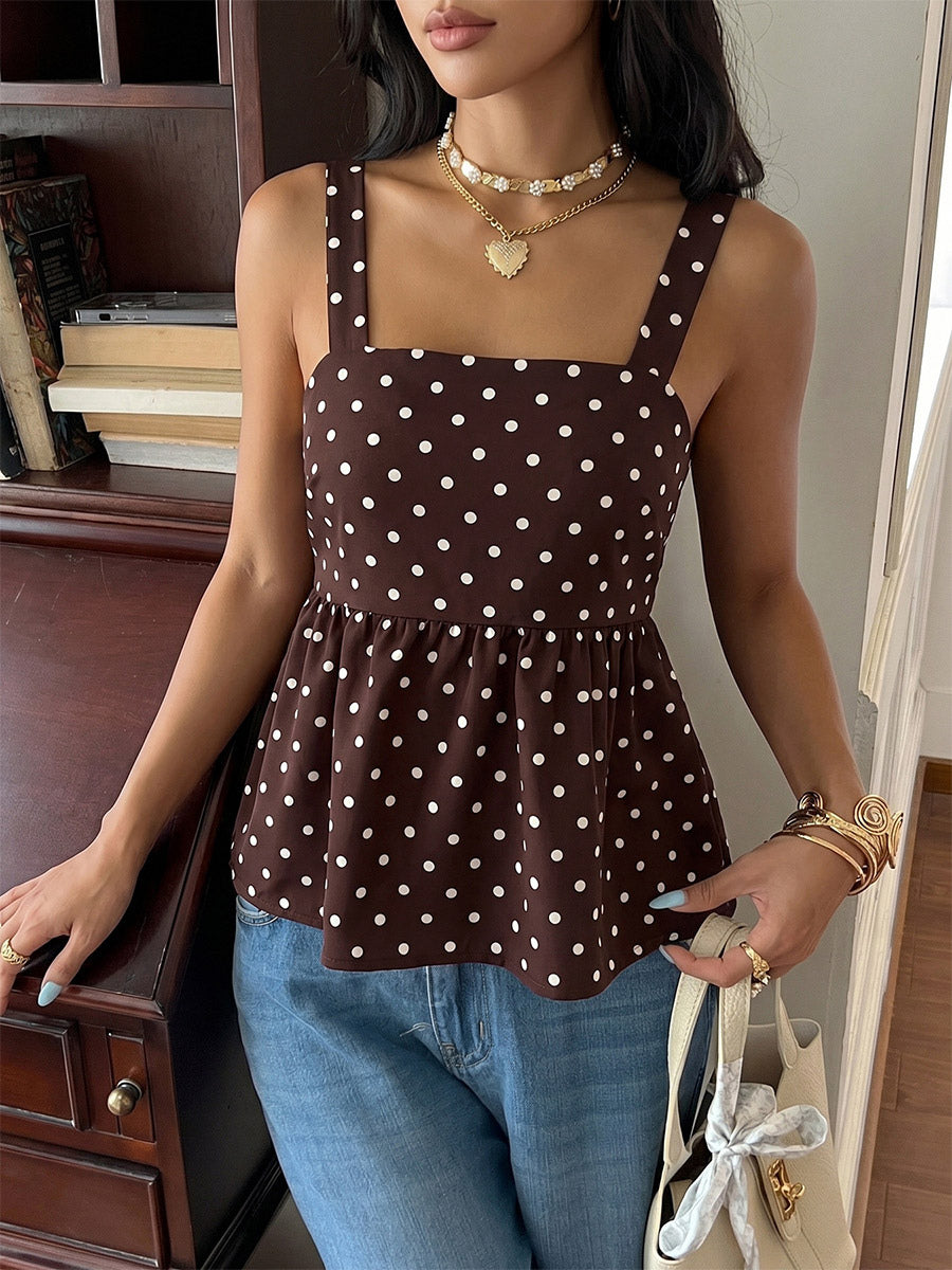 Deep Brown Cami Top Straps Neck Lace Up Chic Polka Dot Women Camis