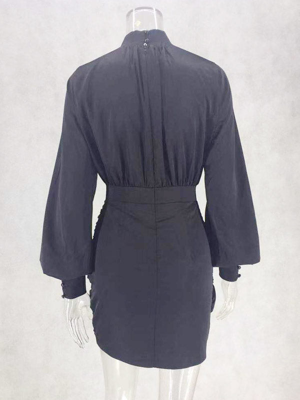 Party DressMini Black Stand Collar Long Sleeves Lantern Sleeve Elegant Semi Formal Dress