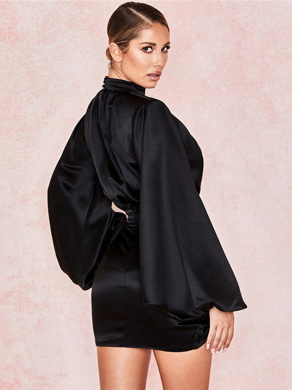 Party DressMini Black Stand Collar Long Sleeves Lantern Sleeve Elegant Semi Formal Dress