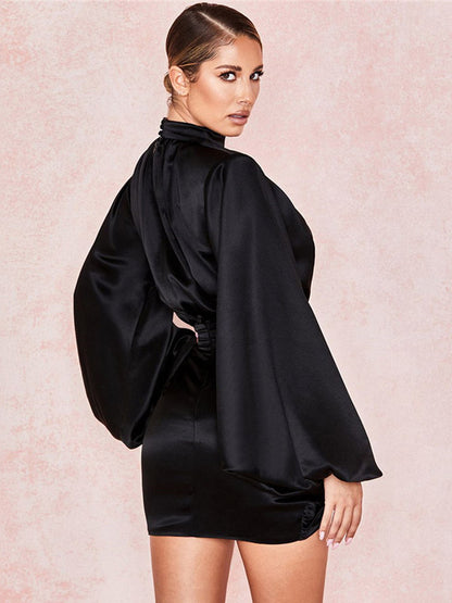 Party DressMini Black Stand Collar Long Sleeves Lantern Sleeve Elegant Semi Formal Dress
