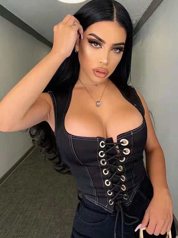 Black Cami Top Lace Up Polyester Sexy Women Camis