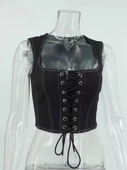 Black Cami Top Lace Up Polyester Sexy Women Camis