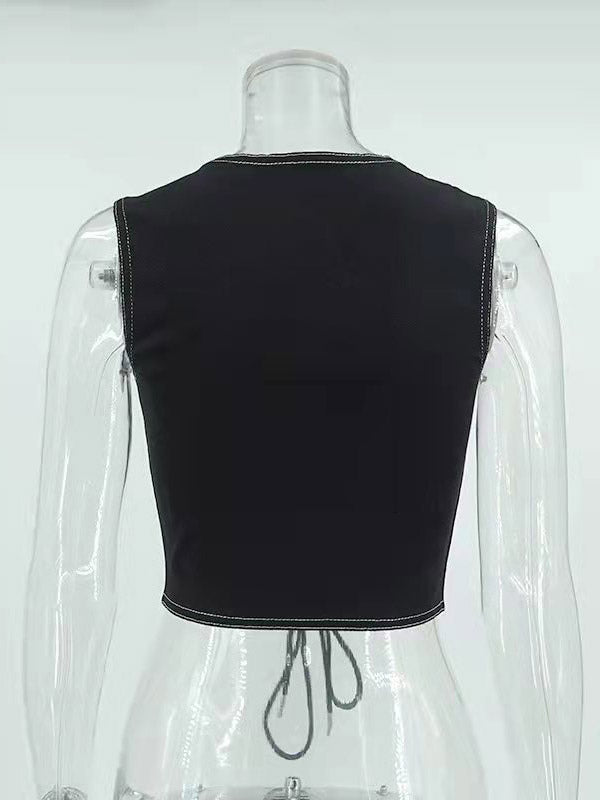Black Cami Top Lace Up Polyester Sexy Women Camis