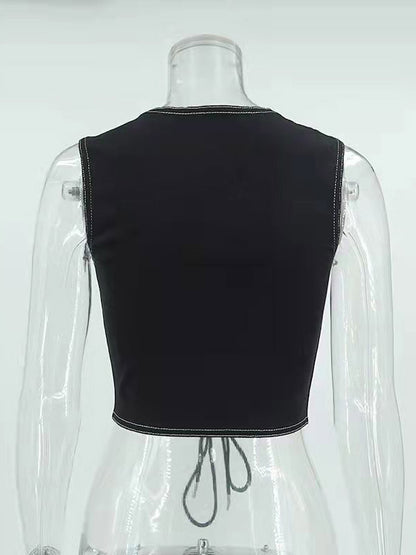 Black Cami Top Lace Up Polyester Sexy Women Camis