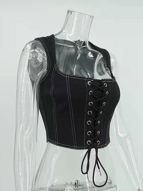 Black Cami Top Lace Up Polyester Sexy Women Camis