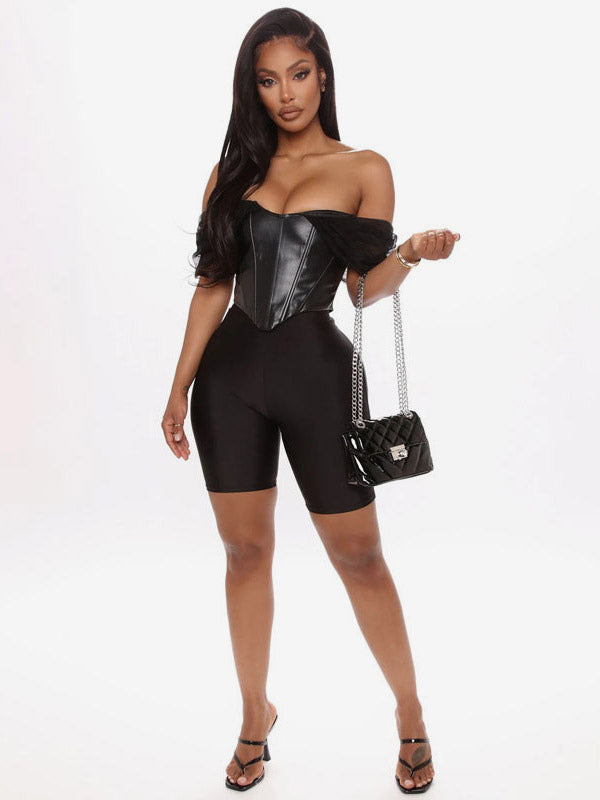 Black Cami Top Off-The-Shoulder Sexy PU Leather Women Camis